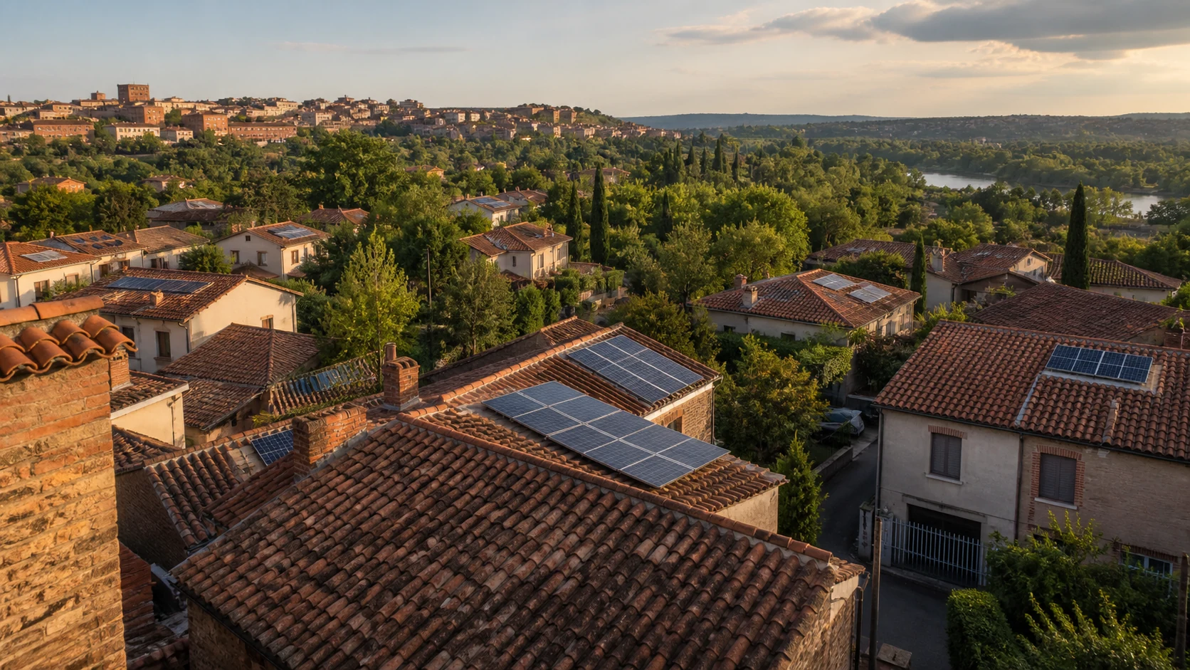Quartier résidentiel arboré près d’Albi avec plusieurs toitures photovoltaïques