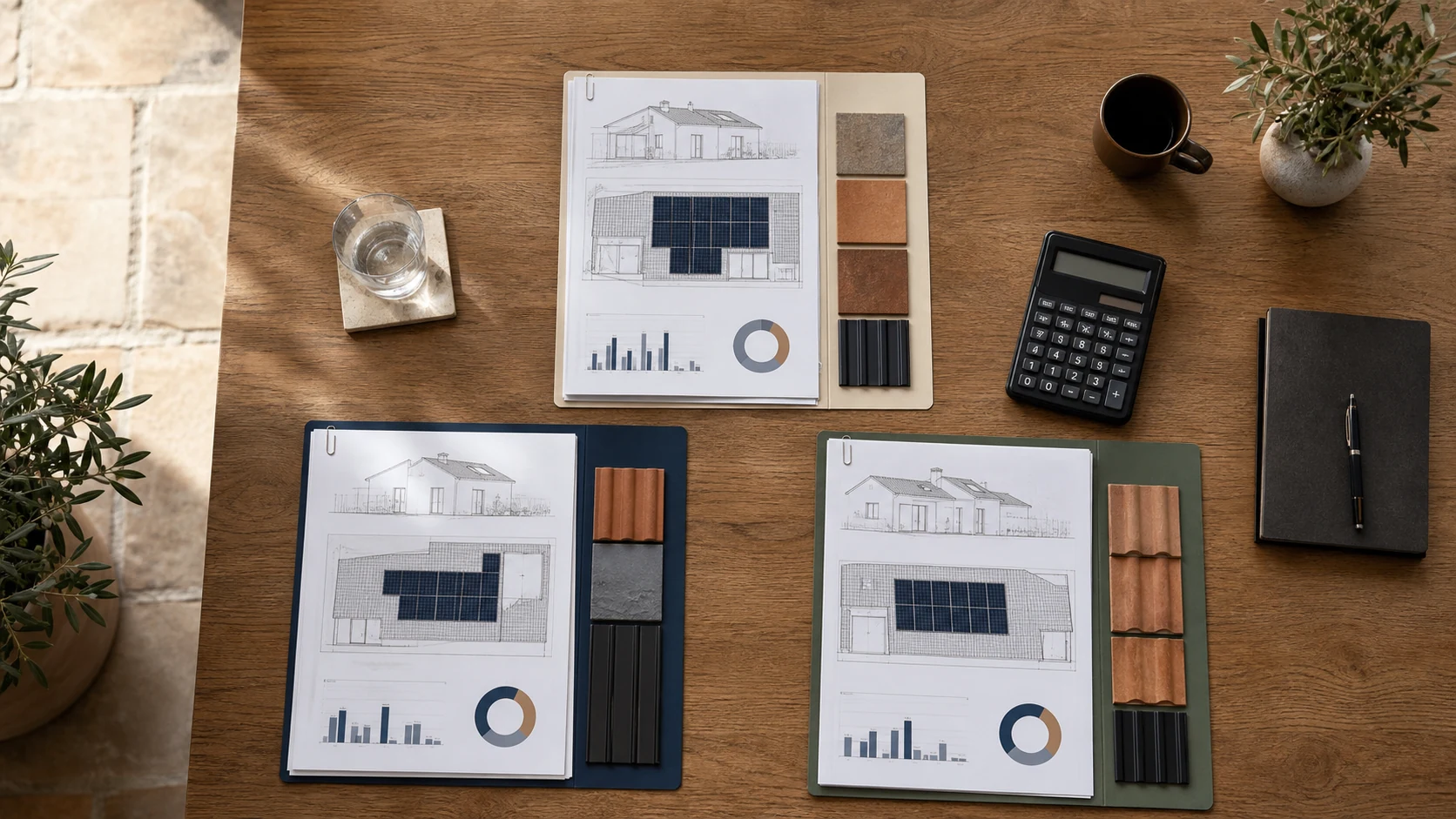 Analyse de trois solutions solaires Trois études photovoltaïques et des échantillons comparés sur une table