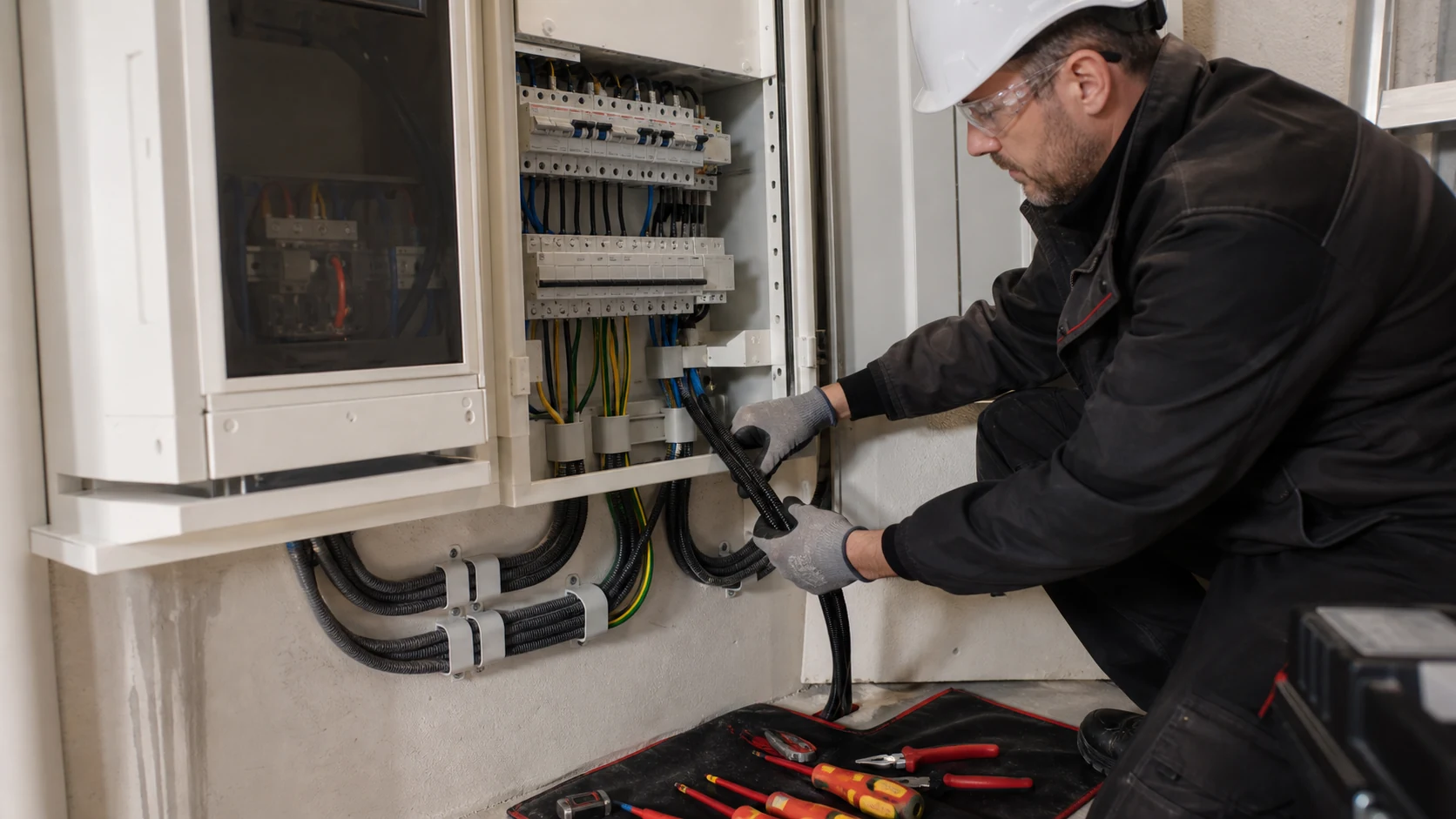 Câblage protégé de l’installation Électricien raccordant les protections d’un système photovoltaïque résidentiel