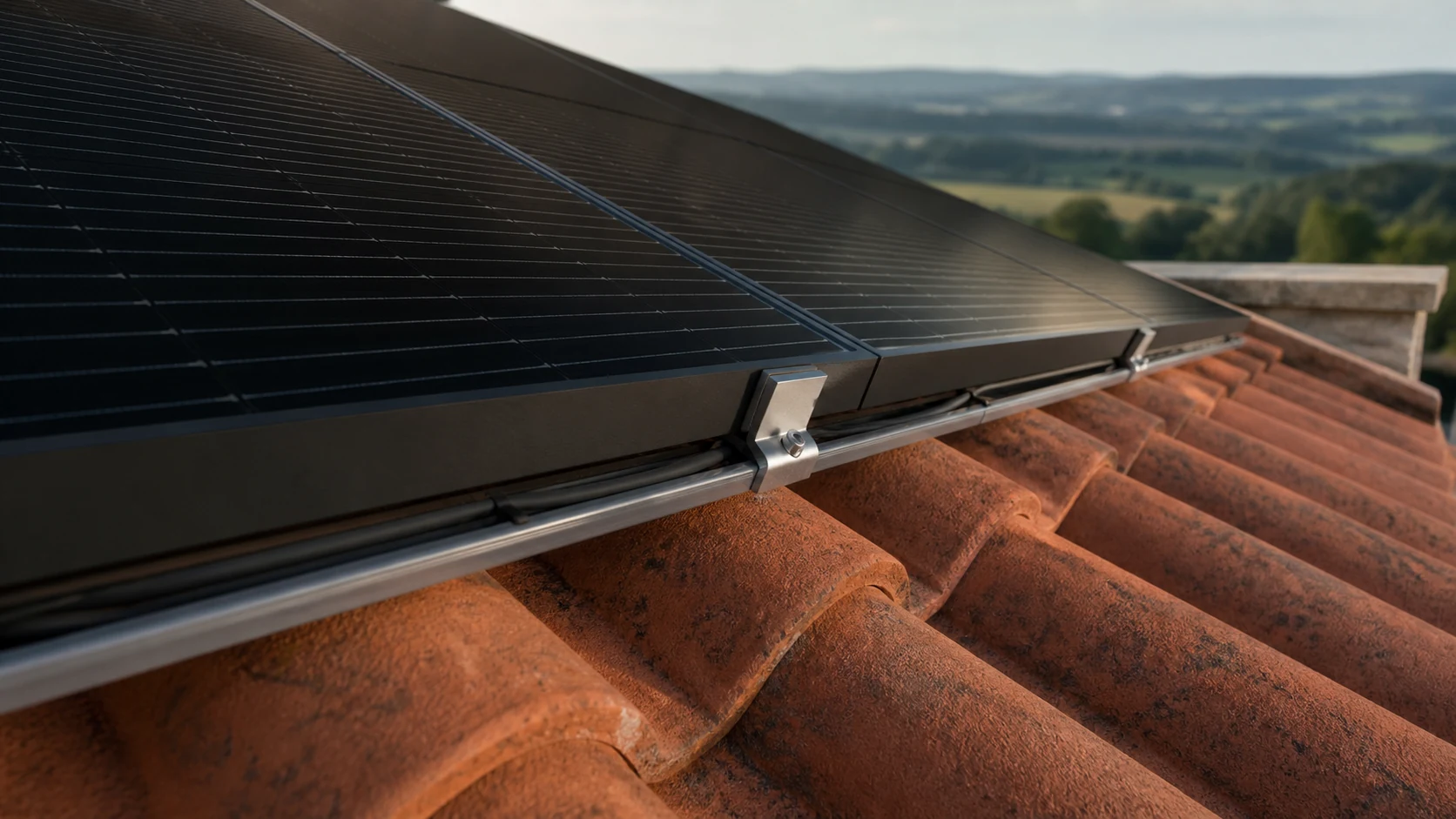 Détail de modules photovoltaïques fixés en surimposition au-dessus de tuiles