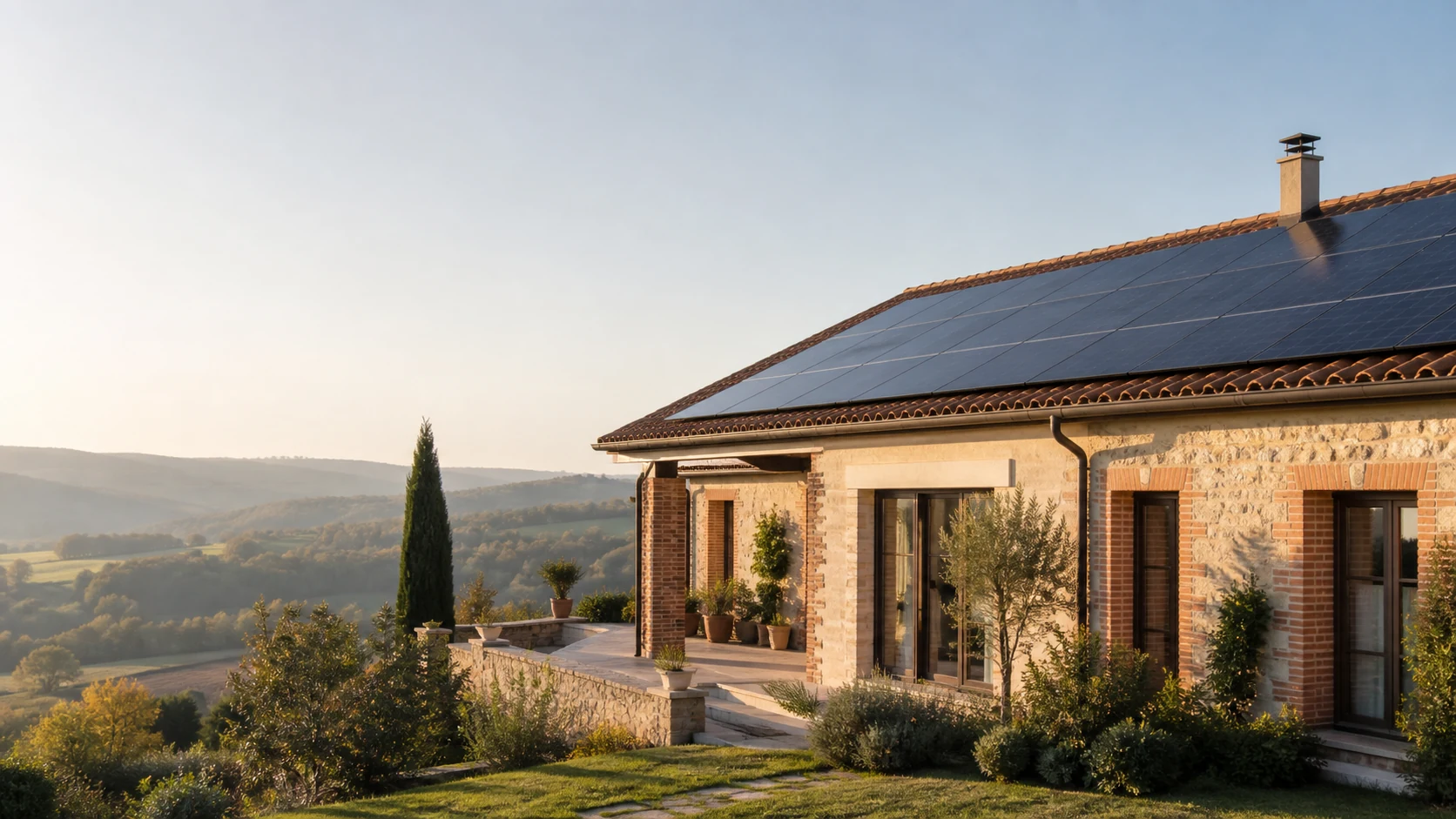 Maison tarnaise en pierre avec panneaux photovoltaïques sur une toiture en tuiles