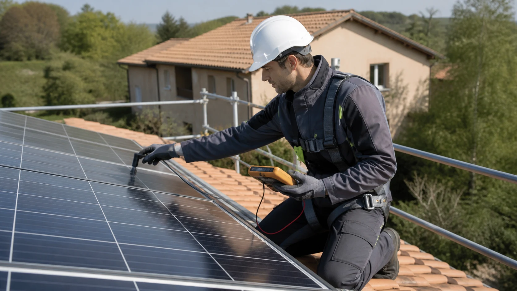 Technicien sécurisé inspectant la surface de panneaux photovoltaïques