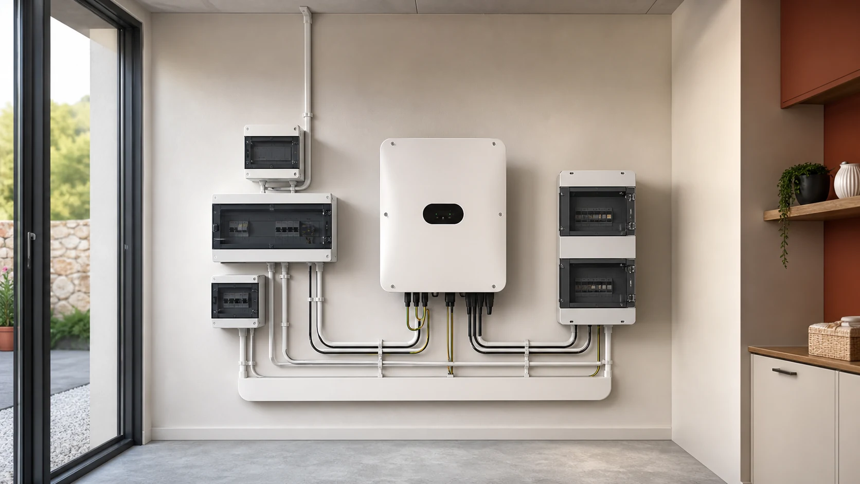 Onduleur solaire et coffrets de protection installés dans un local technique propre