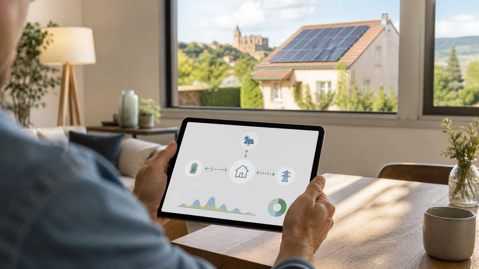 Suivi de l’autoconsommation Tablette de suivi énergétique devant une maison équipée de panneaux solaires