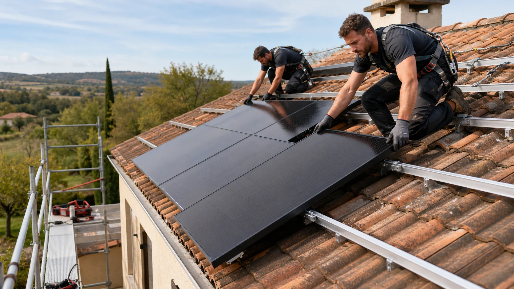 Deux installateurs équipés posent des panneaux solaires sur un toit en tuiles