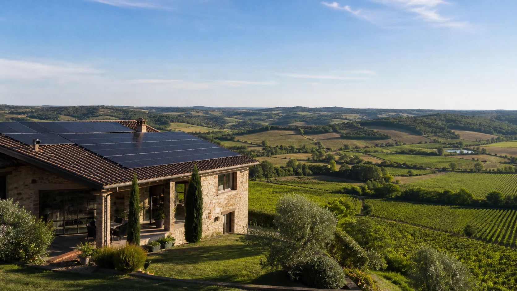 Paysage photovoltaïque du Tarn Maison équipée de panneaux solaires dominant les collines et vignes du Tarn